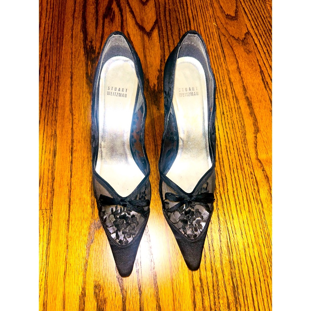 Stuart Weitzman Pump Floral Heels Satin Lace Black Size 38 7.5 Kitten Vintage
